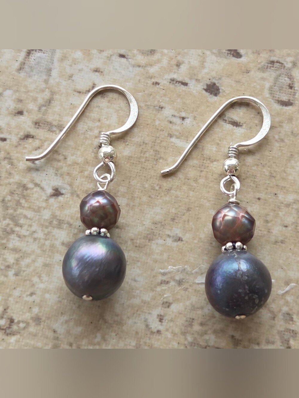 RELISTED Vintage 925 Sterling Silver Faceted Bronze Black Pearl Drop Earrings